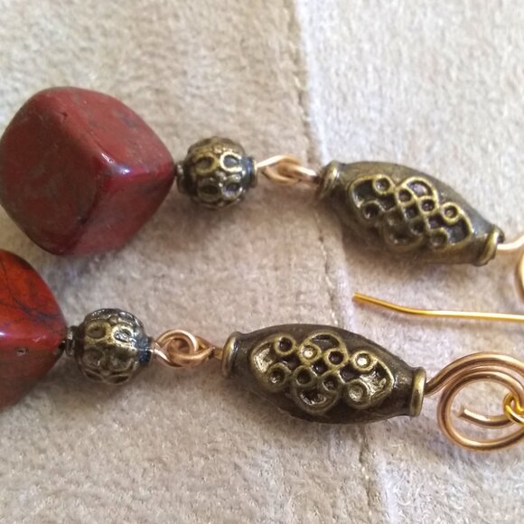 GORGEOUS!!! Red Jasper & Mixed Metal ~ Long Dangle Earrings ~ Decadent + Opulent - Picture 9 of 11